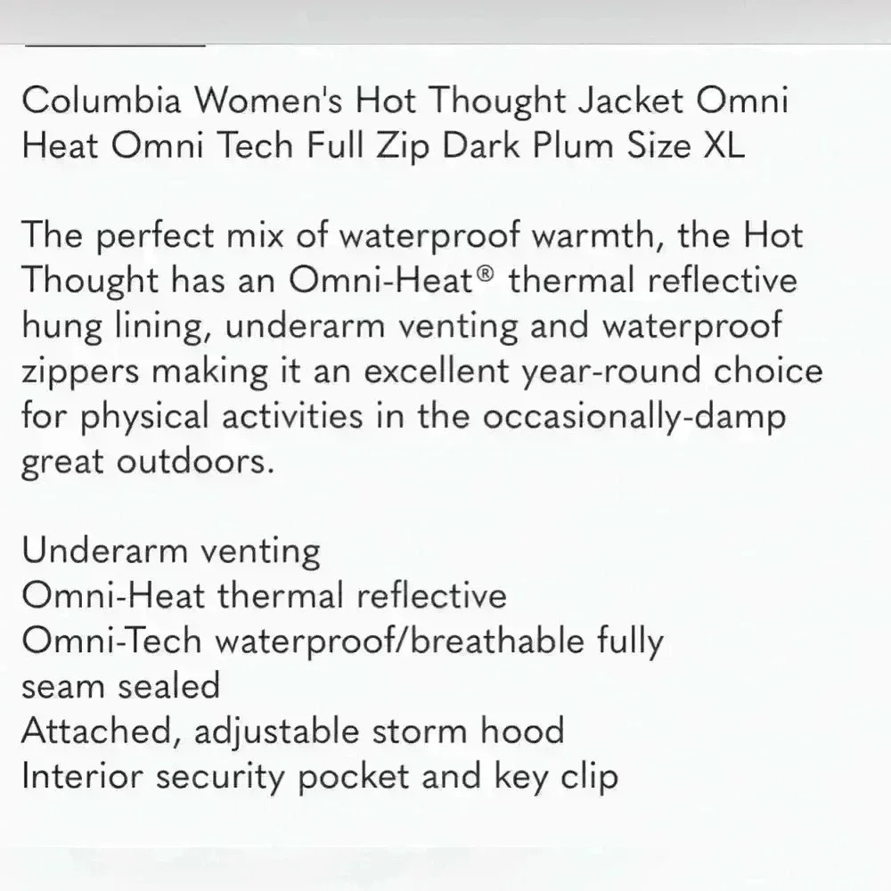 Columbia Women's Hot Thought Jacket Omni Heat Omni Tech Black M - Picture 2 of 8